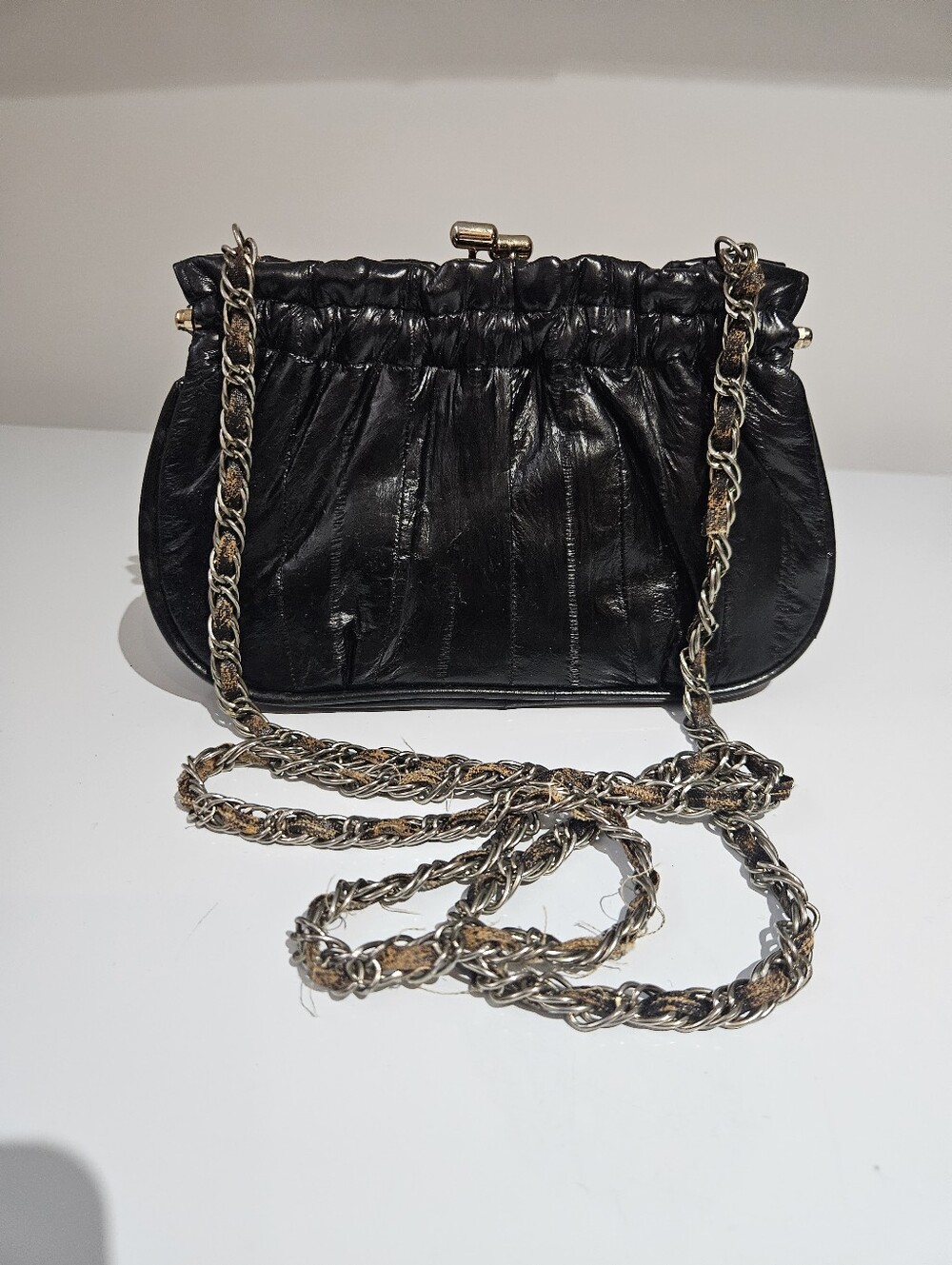 Genuine Eel Skin Exotic Leather Purse Handbag Shoulder Bag Long Strap